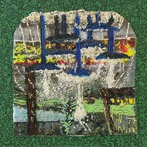 Beaded Abstract Art Piece with Blue and Green Accents